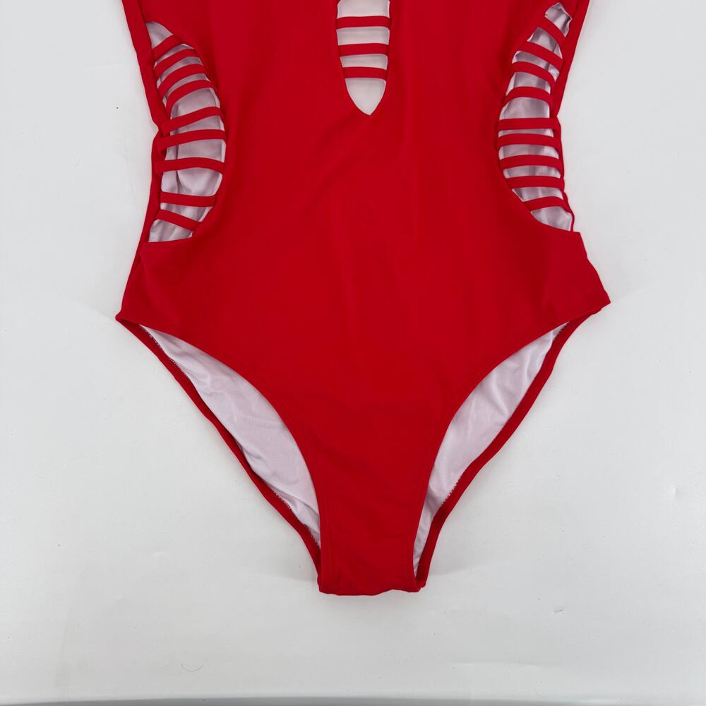 Aqua Eve Womens XL Red Plunge V Neck Sexy Cut Out One Piece Swimsuit NWT - Picture 4 of 7